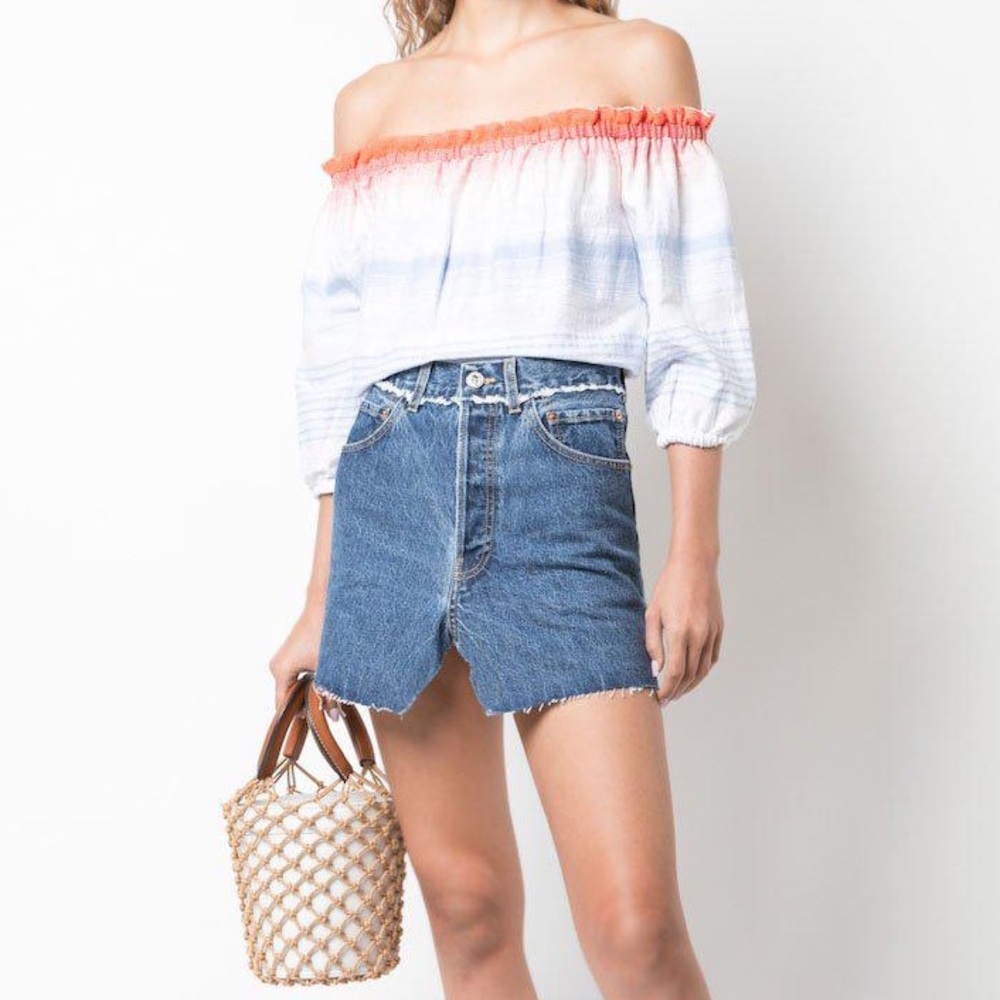 lemlem by Liya Kebede Biftu Off Shoulder Blouse in Coral, White and Blue Stripes